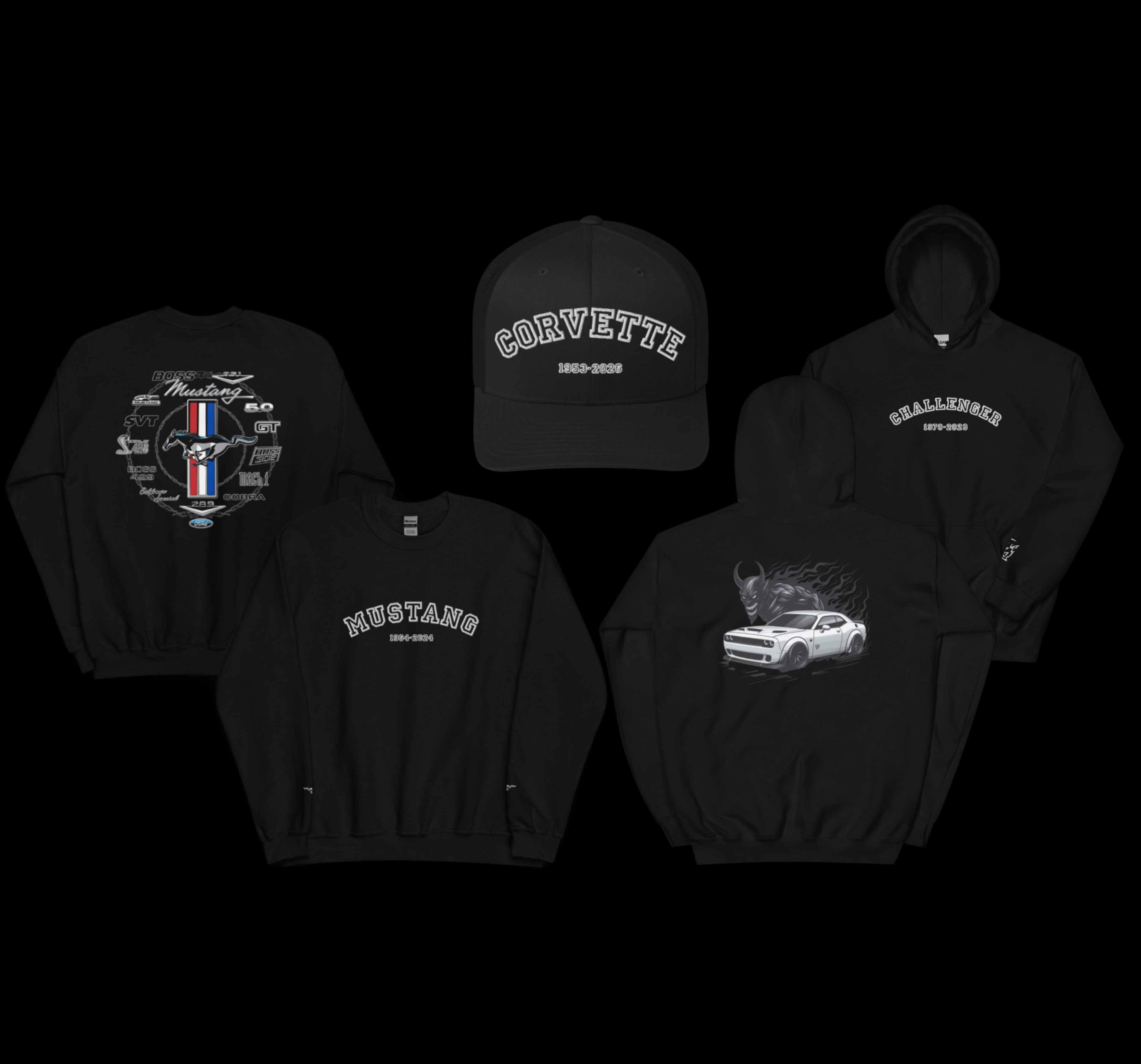 Collection of black clothing items with car brand logos on a black background